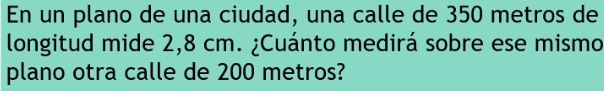 En un plano de una ciudad, una calle de 350 metros de 
longitud mide 2,8 cm. ¿Cuánto medirá sobre ese mismo 
plano otra calle de 200 metros?