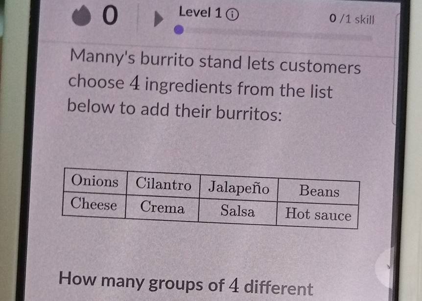 Level 1 ⓘ 0 /1 skill 
Manny's burrito stand lets customers 
choose 4 ingredients from the list 
below to add their burritos: 
How many groups of 4 different