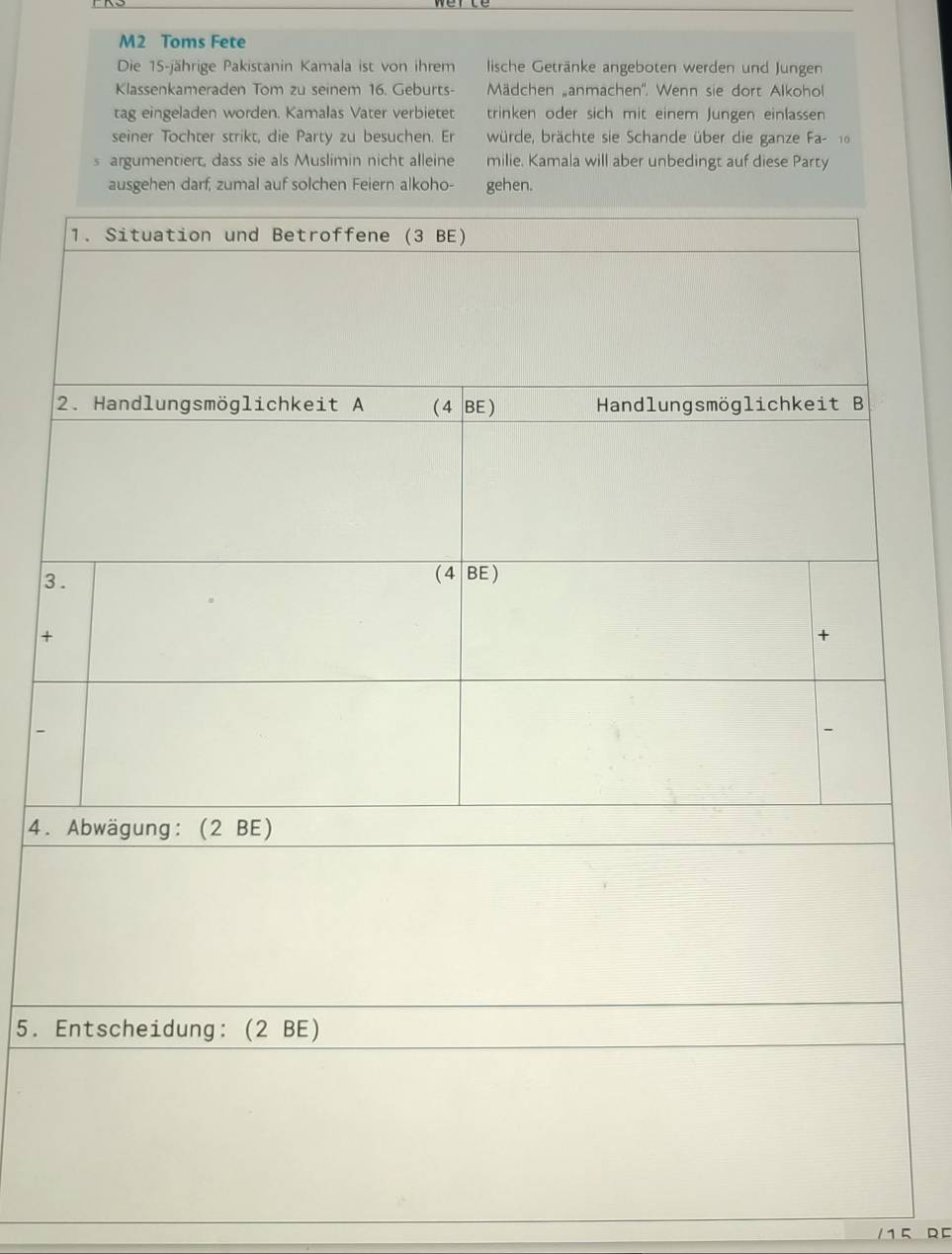 M2 Toms Fete 
Die 15 -jährige Pakistanin Kamala ist von ihrem lische Getränke angeboten werden und Jungen 
Klassenkameraden Tom zu seinem 16. Geburts- Mädchen „anmachen''. Wenn sie dort Alkohol 
tag eingeladen worden. Kamalas Vater verbietet trinken oder sich mit einem Jungen einlassen 
seiner Tochter strikt, die Party zu besuchen. Er würde, brächte sie Schande über die ganze Fa- 10
s argumentiert, dass sie als Muslimin nicht alleine milie. Kamala will aber unbedingt auf diese Party 
3 
+ 
4. 
5.