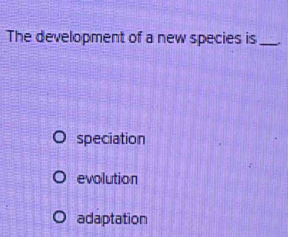 The development of a new species is_
speciation
evolution
adaptation