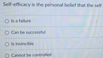 Self-efficacy is the personal belief that the self
Is a failure
Can be successful
Is invincible
Cannot be controlled