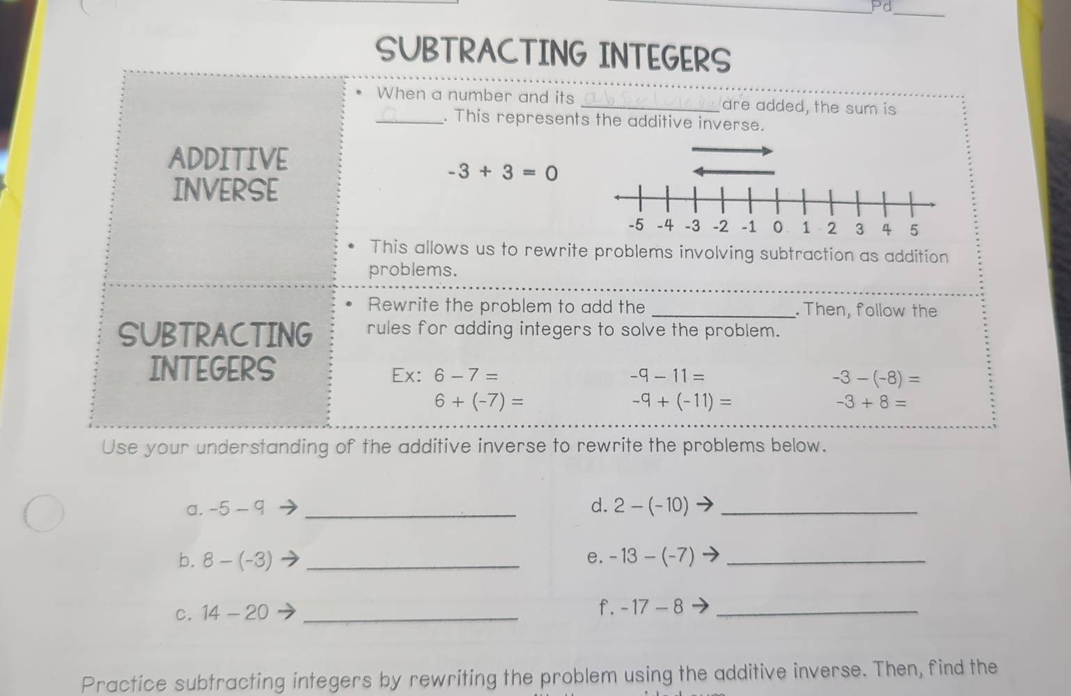 Pd 
_ 
SUBTRACTING INTEGERS 
When a number and its _are added, the sum is 
_. This represents the additive inverse. 
ADDITIVE
-3+3=0
INVERSE 
This allows us to rewrite problems involving subtraction as addition 
problems. 
Rewrite the problem to add the _. Then, follow the 
SUBTRACTING rules for adding integers to solve the problem. 
INTEGERS Ex: 6-7=
-9-11=
-3-(-8)=
6+(-7)=
-9+(-11)=
-3+8=
Use your understanding of the additive inverse to rewrite the problems below. 
a. -5-9 _d. 2-(-10) _ 
b. 8-(-3) _e. -13-(-7) _ 
c. 14-20 _ 
f. -17-8 _ 
Practice subtracting integers by rewriting the problem using the additive inverse. Then, find the