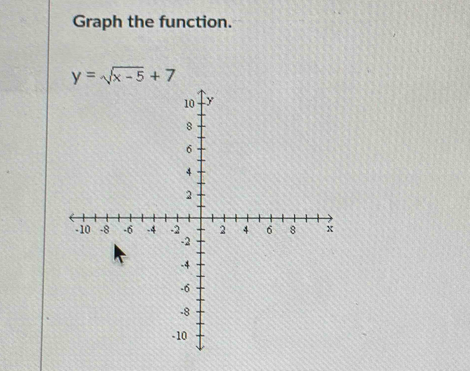 Graph the function.
y=sqrt(x-5)+7