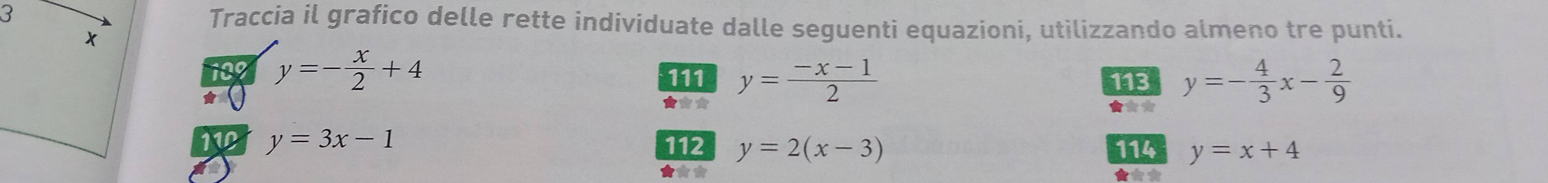 Traccia il grafico delle rette individuate dalle seguenti equazioni, utilizzando almeno tre punti.
x
189 y=- x/2 +4 111 y= (-x-1)/2  113 y=- 4/3 x- 2/9 
* 
★*★ 
112 y=3x-1 112 y=2(x-3) 114 y=x+4
★★* ★