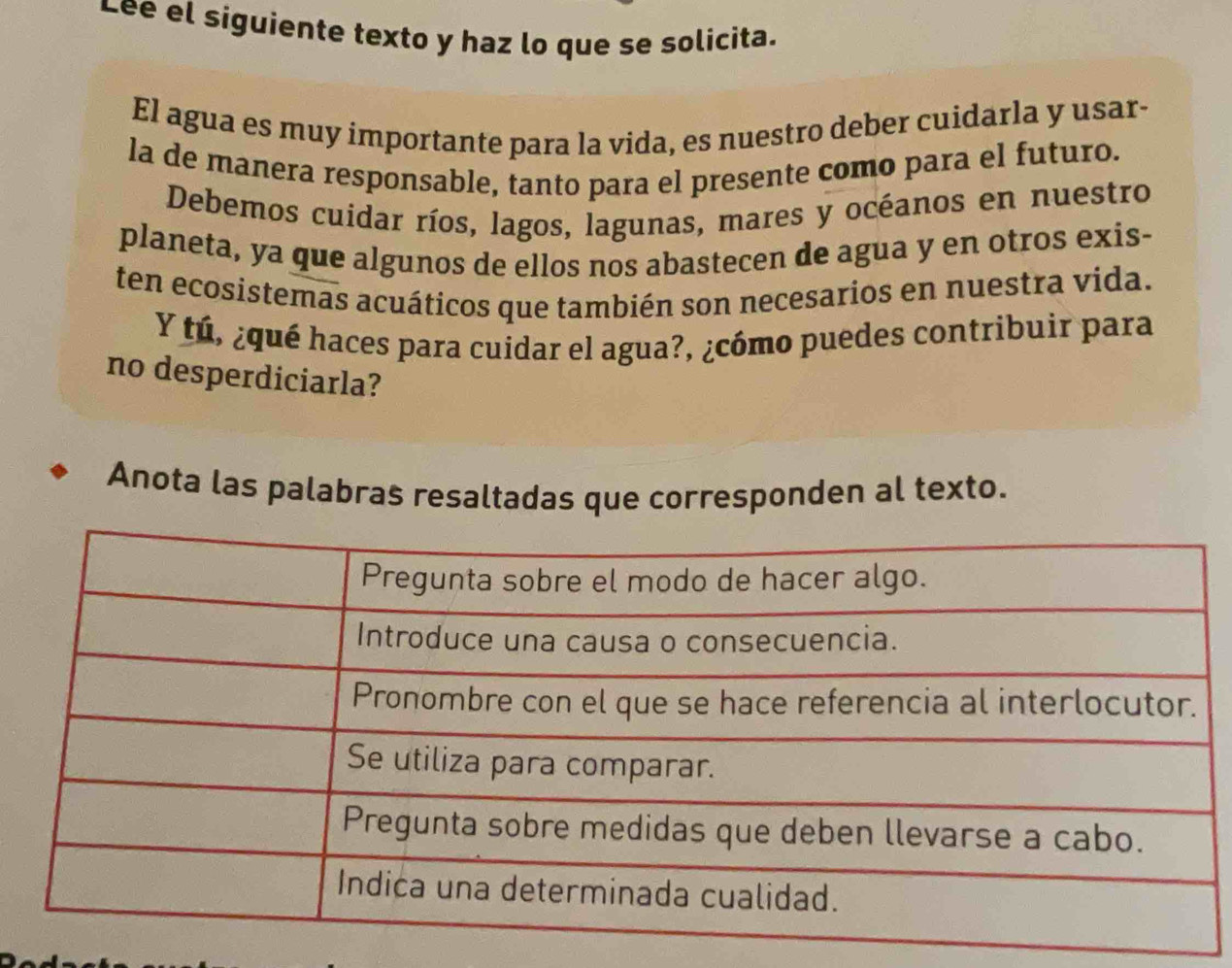 Lee el siguiente texto y haz lo que se solicita. 
El agua es muy importante para la vida, es nuestro deber cuidarla y usar- 
la de manera responsable, tanto para el presente como para el futuro. 
Debemos cuidar ríos, lagos, lagunas, mares y océanos en nuestro 
planeta, ya que algunos de ellos nos abastecen de agua y en otros exis- 
ten ecosistemas acuáticos que también son necesarios en nuestra vida. 
Y tú, ¿qué haces para cuidar el agua?, ¿cómo puedes contribuir para 
no desperdiciarla? 
Anota las palabras resaltadas que corresponden al texto.