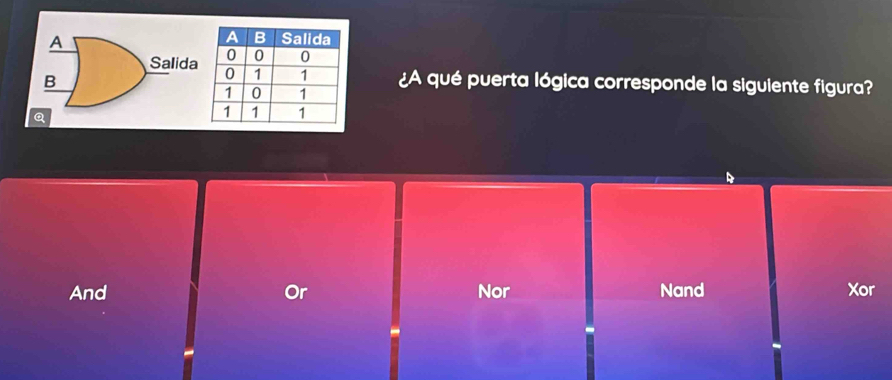 A 
Salida 
B¿A qué puerta lógica corresponde la siguiente figura? 
Q 
And Or Nor Nand Xor