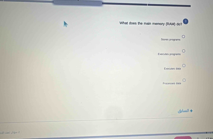 What does the main memory (RAM) do?
Stores programs
Executes programs
Executes data
Processes data
sll cni jià 2