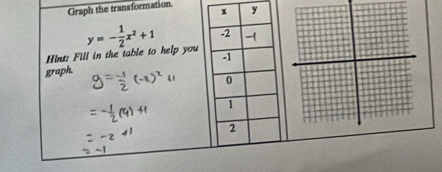 Graph the transformation.
y=- 1/2 x^2+1
Hint: Fill in the table to help you 
graph.