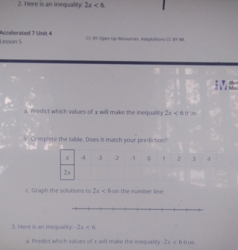 Here is an inequality: 2x<6</tex>. 
Accelerated 7 Unit 4 
Lesson 5 CC BY Open Up Resources. Adaptations CC BY IM. 
T 
À ½ Mai 
a. Predict which values of x will make the inequality 2x<6</tex> true. 
b. Complete the table. Does it match your prediction? 
c. Graph the solutions to 2x<6</tex> on the number line: 
3. Here is an inequality: -2x<6</tex>. 
a. Predict which values of x will make the inequality -2x<6</tex> true.