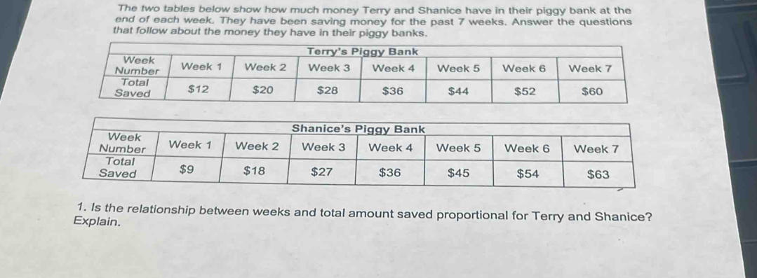 The two tables below show how much money Terry and Shanice have in ...