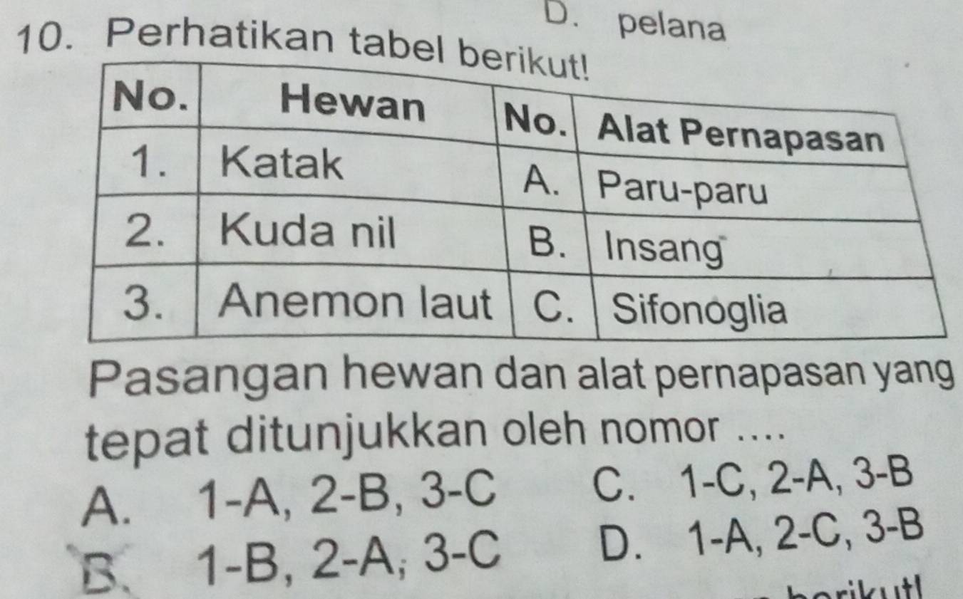 pelana
10. Perhatikan tabe
Pasangan hewan dan alat pernapasan yang
tepat ditunjukkan oleh nomor ....
A. 1 -A, 2 -B, 3 -C C. 1 -C, 2 -A, 3 - B
B. 1-B, 2-A; 3-C D. 1-A, 2-C, 3 -B
borik ut