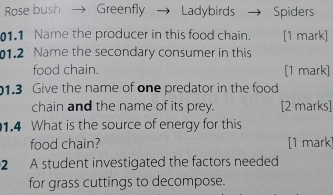 Rose bush Greenfly Ladybirds Spiders 
01.1 Name the producer in this food chain. [1 mark] 
01.2 Name the secondary consumer in this 
food chain. [1 mark] 
1.3 Give the name of one predator in the food 
chain and the name of its prey. [2 marks] 
1.4 What is the source of energy for this 
food chain? [1 mark 
2 A student investigated the factors needed 
for grass cuttings to decompose.