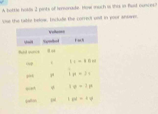 A bottle holds 2 pints of lemonade. How much is this in fluid ounces?
Use the table below. Include the correct unit in your answer.