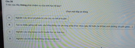 nào sau đây không phải nhiệm vụ của sinh học tế bào
Chọn một đáp án đứng
A Nghiên cứu về cơ sở phản tử của các cơ chế di truyền
B Tạo ra nhiều giống vật nuôi, cây trồng bằng các phương pháp khác nhau (gây độc biển, lại tế bào sinh dưỡng, chuyến gene,... )
C Nghiên cứu ứng dụng của Di truyền học và Sinh học.
D Nghiên cứu về các hoạt động sống của tế bào