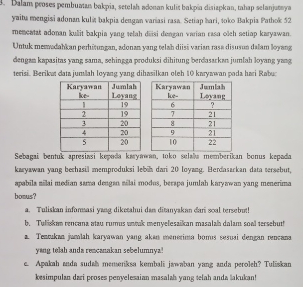 Dalam proses pembuatan bakpia, setelah adonan kulit bakpia disiapkan, tahap selanjutnya 
yaitu mengisi adonan kulit bakpia dengan variasi rasa. Setiap hari, toko Bakpia Pathok 52
mencatat adonan kulit bakpia yang telah diisi dengan varian rasa oleh setiap karyawan. 
Untuk memudahkan perhitungan, adonan yang telah diisi varian rasa disusun dalam loyang 
dengan kapasitas yang sama, sehingga produksi dihitung berdasarkan jumlah loyang yang 
terisi. Berikut data jumlah loyang yang dihasilkan oleh 10 karyawan pada hari Rabu: 
Sebagai bentuk apresiasi kepada karyawan, toko selalu memberikan bonus kepada 
karyawan yang berhasil memproduksi lebih dari 20 loyang. Berdasarkan data tersebut, 
apabila nilai median sama dengan nilai modus, berapa jumlah karyawan yang menerima 
bonus? 
a. Tuliskan informasi yang diketahui dan ditanyakan dari soal tersebut! 
b. Tuliskan rencana atau rumus untuk menyelesaikan masalah dalam soal tersebut! 
a. Tentukan jumlah karyawan yang akan menerima bonus sesuai dengan rencana 
yang telah anda rencanakan sebelumnya! 
c. Apakah anda sudah memeriksa kembali jawaban yang anda peroleh? Tuliskan 
kesimpulan dari proses penyelesaian masalah yang telah anda lakukan!