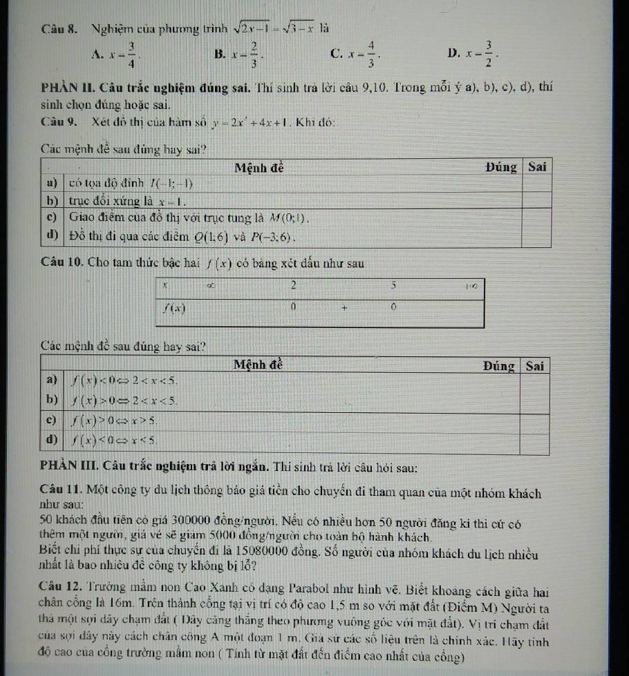 Nghiệm của phương trình sqrt(2x-1)=sqrt(3-x) là
A. x- 3/4 . B. x- 2/3 . C. x- 4/3 . D. x- 3/2 .
PHÀN II. Câu trắc nghiệm đúng sai. Thí sinh trà lời câu 9,10. Trong mỗi ý a), b), c), d), thí
sinh chọn đúng hoặc sai.
Câu 9. Xét đô thị của hàm số y=2x^2+4x+1. Khi đó:
Các mệ
Câu 10. Cho tam thức bậc hai f(x) có bàng xét đấu như sau
Các mệnh đề sau đúng hay sai?
PHÀN III. Câu trắc nghiệm trả lời ngắn. Thí sinh trả lời câu hỏi sau:
Câu 11. Một công ty du lịch thông báo giả tiền cho chuyến đi tham quan của một nhóm khách
như sau:
50 khách đầu tiên cò giá 300000 đồng/người. Nếu có nhiều hơn 50 người đăng ki thì cứ có
thêm một người, giá vé sẽ giảm 5000 đồng/người cho toàn bộ hành khách.
Biết chi phí thực sự của chuyển đi là 15080000 đồng. Số người của nhóm khách du lịch nhiều
nhất là bao nhiêu đề công ty không bị lỗ?
Câu 12. Trường mầm non Cao Xanh có dạng Parabol như hình vẽ. Biết khoảng cách giữa hai
chân cổng là 16m. Trên thành cổng tại vị trí có độ cao 1,5 m so với mặt đất (Điểm M) Người ta
thà một sợi dây chạm đất ( Đây cảng thắng theo phưng vuỡng góc với mặt đất). Vị trí chạm đất
của sợi dây này cách chân công A một đoạn 1 m. Giả sứ các số liệu trên là chính xác. Hãy tính
độ cao của cổng trường mẫm non ( Tính từ mặt đất đến điểm cao nhất của cổng)