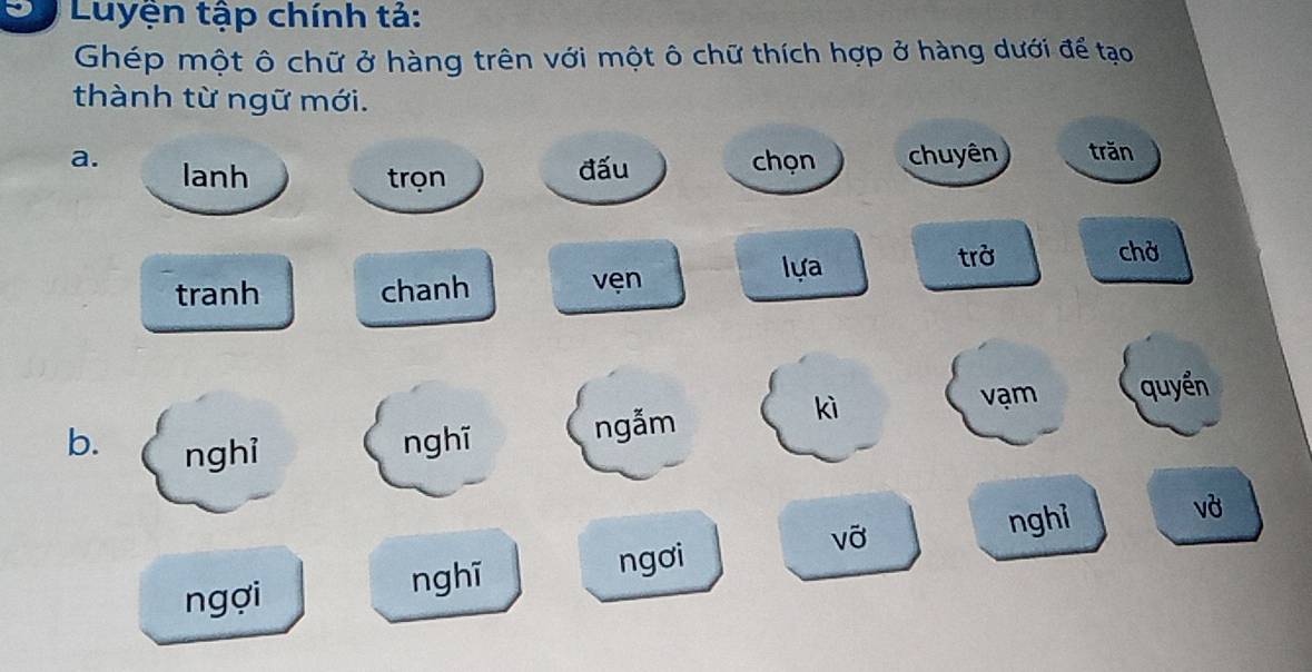 Luyện tập chính tả: 
Ghép một ô chữ ở hàng trên với một ô chữ thích hợp ở hàng dưới để tạo 
thành từ ngữ mới. 
a. lanh đấu chọn chuyên trăn 
trọn 
lựa trờ 
chở 
tranh chanh vẹn 
vạm 
b. nghi 
nghĩ ngẫm kì quyển 
vở 
ngợi nghĩ ngơi 
vỡ 
nghi