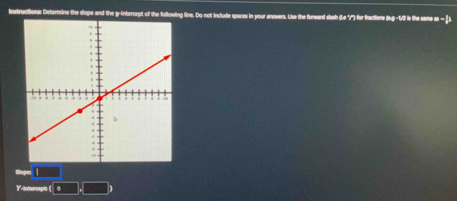 Instructions: Determine the slope and the y-intercept of the following line. Do not include spaces in your answers. Use the forward slash (Le '/'') for fractions (e.g -1/2 is the same as 
Slope: 
Y-Intercept: (