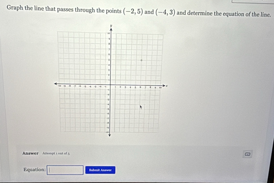 Graph the line that passes through the points (-2,5) and (-4,3) and determine the equation of the line. 
Answer Attempt t out of 5 
Equation: □ Submit Answer