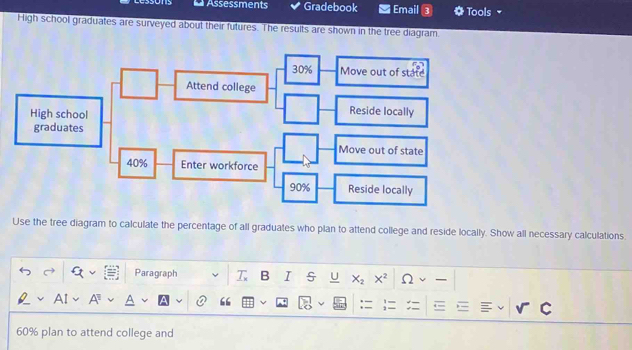 Assessments Gradebook Email 3 * Tools 
High school graduates are surveyed about their futures. The results are shown in the tree diagram.
3.0% Move out of state 
Attend college 
High school 
Reside locally 
graduates 
Move out of state
40% Enter workforce
90% Reside locally 
Use the tree diagram to calculate the percentage of all graduates who plan to attend college and reside locally. Show all necessary calculations. 
Paragraph B I U X2
60% plan to attend college and