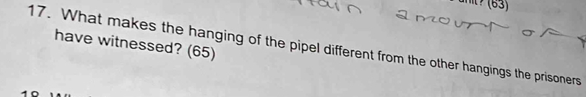 1? (63) 
have witnessed? (65) 
17. What makes the hanging of the pipel different from the other hangings the prisoners