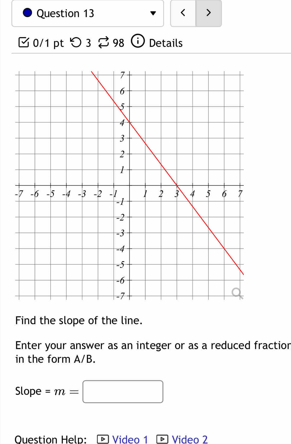 < > 
0/1 pt つ3 98 ⓘ Details 
Find the slope of the line. 
Enter your answer as an integer or as a reduced fractior 
in the form A/B. 
Slope =m=□
Question Help: Video 1 Video 2