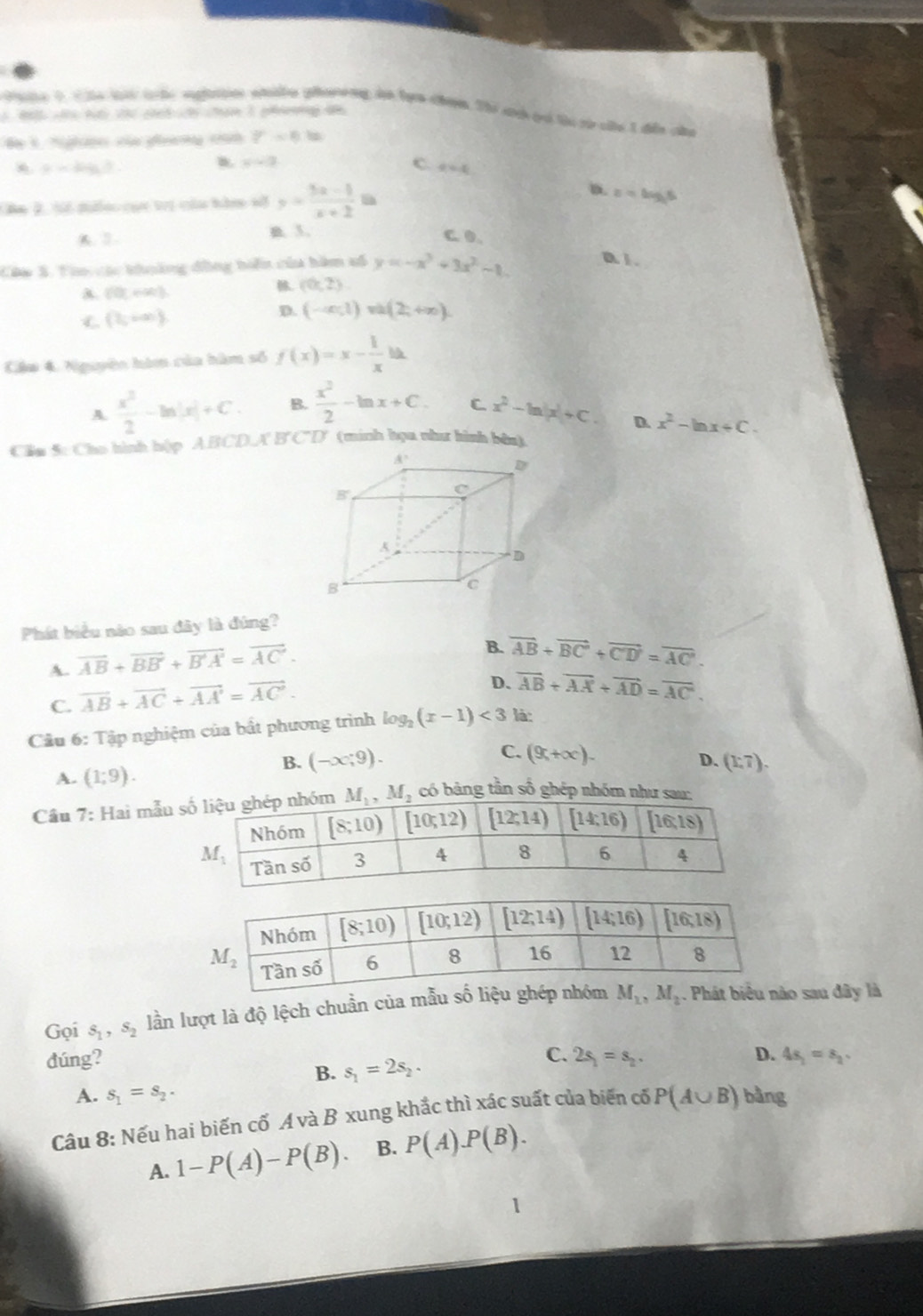 cớ hó ti ch c chan 1 phơng đn te o t he tt t he vighatos wale poreng io torm chen. The ach oo the to ote I diie cha
y-6
x-4y_13
x-3
c a=4
Câm 2, Số thốn cục trị của bàm số y= (5x-1)/x+2 la
D. z=log _35
K. 3 B 3.
C. D.
Câa S. Tia các khoàng dng hiến của hàm số y=-x^3+3x^2-1 ai.
(0,+∈fty ) . (0,2)
(1,+∈fty )
D. (-∈fty ,1)vh(2;+∈fty ).
Câu 4. Nguyên him của hàm số f(x)=x- 1/x b.
A  x^2/2 -ln |x|+C. B.  x^2/2 -ln x+C. C x^2-ln |x|+C. D. x^2-ln x+C.
Căiu 5: Cho hinh h(p ABCD.A B'C'D' (minh họa như hinh bhu)
Phát biểu nào sau đây là đúng?
A. overline AB+overline BB'+overline B'A'=overline AC'.
B. overline AB+overline BC'+overline C'D'=overline AC'.
C. vector AB+vector AC+vector AA'=vector AC'.
D. overline AB+overline AA+overline AD=overline AC.
Câu 6: Tập nghiệm của bất phương trình log _2(x-1)<3</tex> là:
B. (-x;9).
C. (9,+∈fty ).
A. (1;9). D. (1:7).
Cầu 7: Hai mẫu số có bảng tần số ghép nhóm như sau:
Gọi s_1,s_2 lần lượt là độ lệch chuẩn của mẫu số o sau đây là
C.
D.
dúng? 2s_1=s_2. 4s_1=s_2.
B. s_1=2s_2.
A. s_1=s_2.
Câu 8: Nếu hai biến cố A và B xung khắc thì xác suất của biến cố P(A∪ B) bằng
A. 1-P(A)-P(B). B. P(A).P(B).