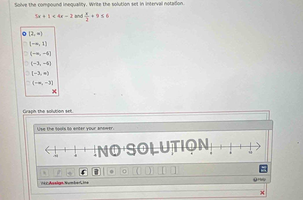 Solve the compound inequality. Write the solution set in interval notation.
5x+1<4x-2</tex> and  x/2 +9≤ 6
[2,∈fty )
[-∈fty ,1]
(-∈fty ,-6]
(-3,-6)
[-3,∈fty )
(-∈fty ,-3]
Graph the solution set.
Use the tools to enter your answer.
。
Help
We Assign NumberLine