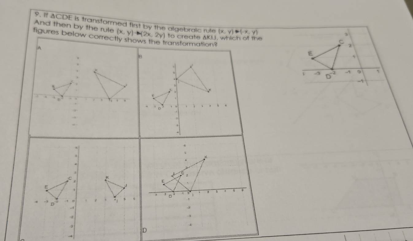 If ACDE is transformed first by the algebraic rule (x,y)-(-x,y) z
And then by the rule (x,y)to (2x,2y) to create ΔKIJ, which of the
3
figures below correctly shows the transformation?
C
E
,
-3 2 -1 `
D
-1