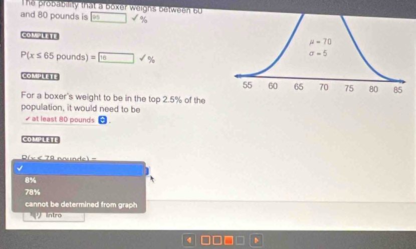 The probability that a boxer weighs between 60
and 80 pounds is 95 □ sqrt(% )
COMPLETE
P(x≤ 65 po nds)=16surd %
COMPLETE
For a boxer's weight to be in the top 2.5% of the
population, it would need to be
at least 80 pounds
COMPLETE
<70</tex>   nounde )
8%
78%
cannot be determined from graph
Intro