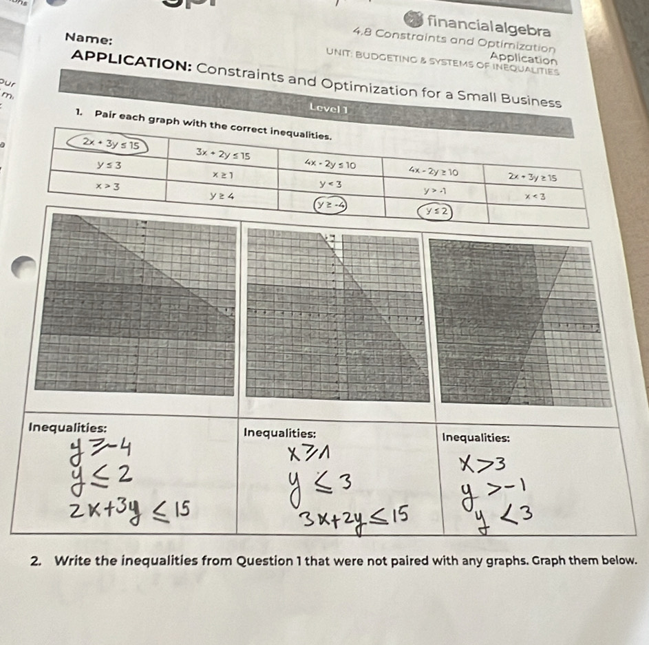 financial algebra
Name:
4,8 Constraints and Optimization Application
UNIT: BUDGETING & SYSTEMS OF INEQUALITIES
APPLICATION: Constraints and Optimization for a Small Business
our
m
Level ]
1. Pair each gra
Inequalities: Inequalities: Inequalities:
2. Write the inequalities from Question 1 that were not paired with any graphs. Graph them below.