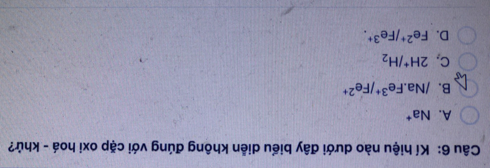 Kí hiệu nào dưới đây biểu diễn không đúng với cặp oxi hoá - khử?
A. Na†
B. /Na.Fe^(3+)/Fe^(2+)
C. 2H^+/H_2
D. Fe^(2+)/Fe^(3+).