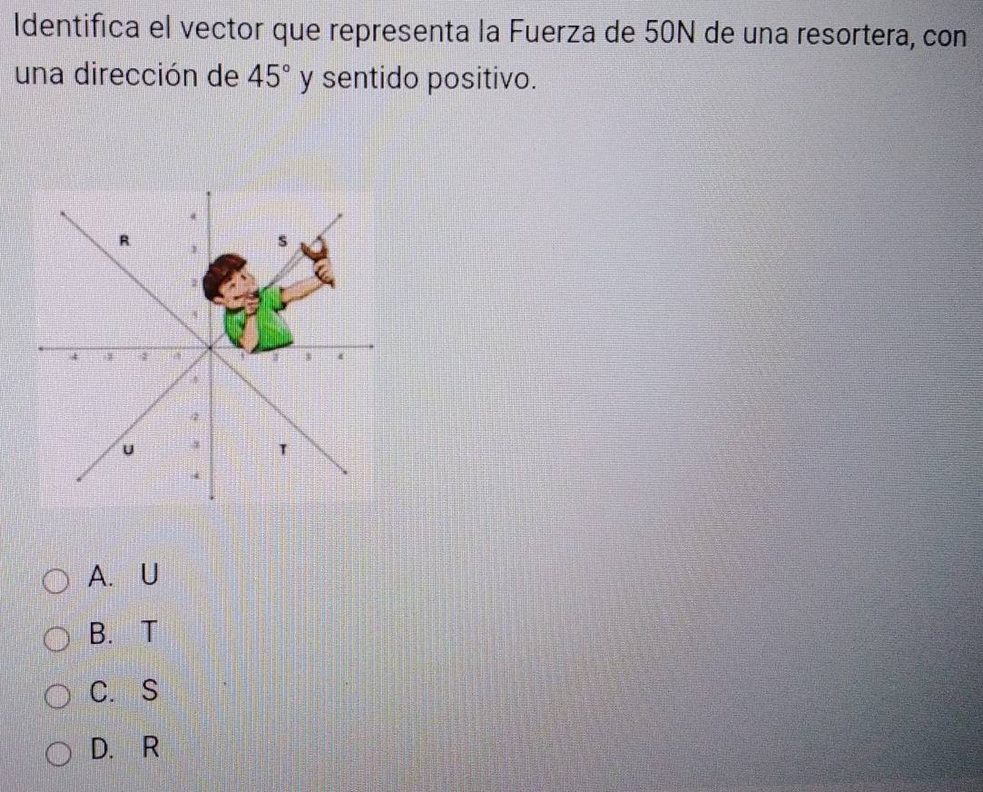 Identifica el vector que representa la Fuerza de 50N de una resortera, con
una dirección de 45° y sentido positivo.
A. U
B. T
C. S
D. R