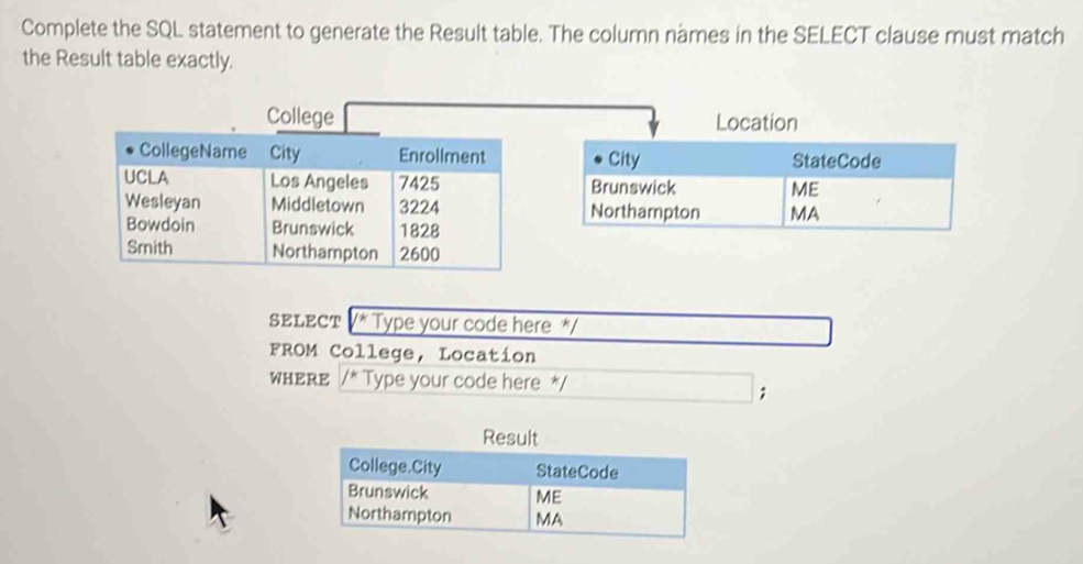 Solved: Complete the SQL statement to generate the Result table. The ...