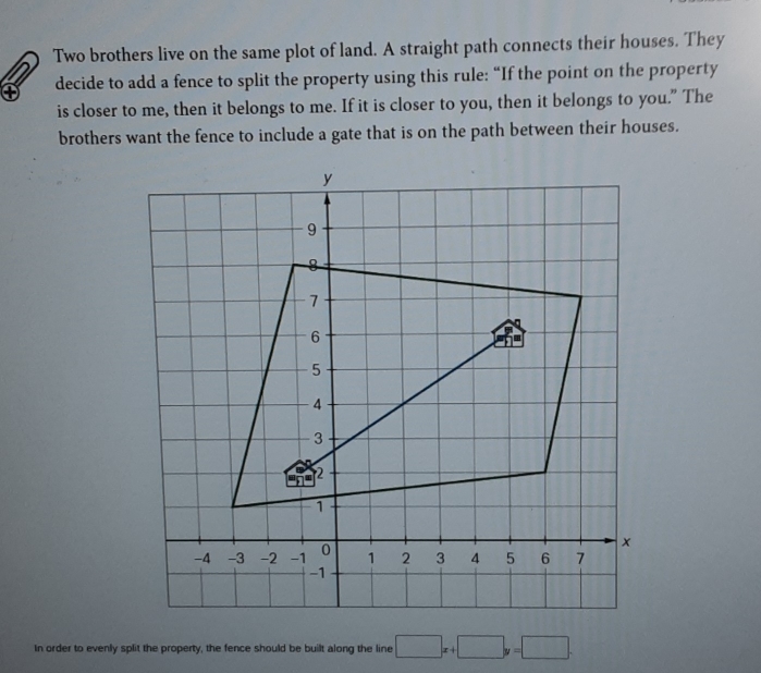 Two brothers live on the same plot of land. A straight path connects their houses. They 
decide to add a fence to split the property using this rule: “If the point on the property 
is closer to me, then it belongs to me. If it is closer to you, then it belongs to you." The 
brothers want the fence to include a gate that is on the path between their houses. 
In order to evenly split the property, the fence should be built along the line □ x+□ y=□.
