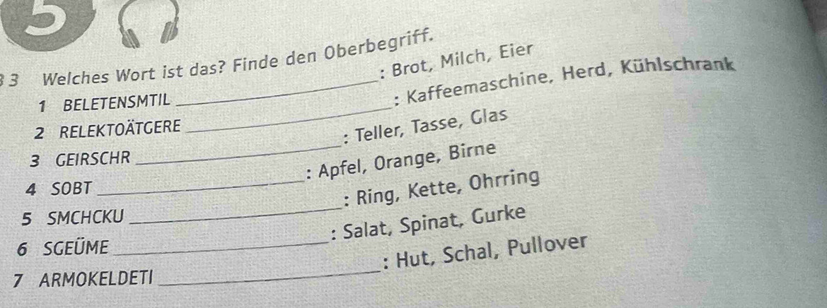 5 
§ 3 Welches Wort ist das? Finde den Oberbegriff. 
: Brot, Milch, Eier 
1 BELETENSMTIL_ 
_: Kaffeemaschine, Herd, Kühlschrank 
2 RELekTOäTgERE 
: Teller, Tasse, Glas 
3 GEIRSCHR 
_: Apfel, Orange, Birne 
4 SOBT 
_: Ring, Kette, Ohrring 
5 SMCHCKU 
_ 
: Salat, Spinat, Gurke 
6 SGEÜME 
_ 
_: Hut, Schal, Pullover 
7 ARMOKELDETI