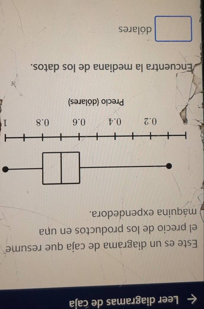 Leer diagramas de caja 
Este es un diagrama de caja que resume 
el precio de los productos en una 
máquina expendedora. 
1 
Encuentra la mediana de los datos. 
dólares