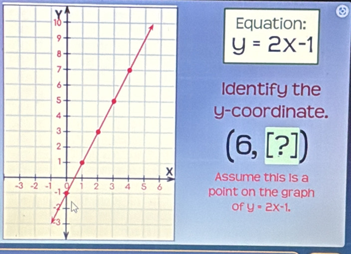 Equation:
y=2x-1
Identify the 
y-coordinate.
(6,[?])
Assume this is a 
point on the graph 
of y=2x-1.