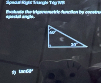 Special Right Triangle Trig WS
Evaluate the trigonometric function by constru
special angle.
1) tan 60°