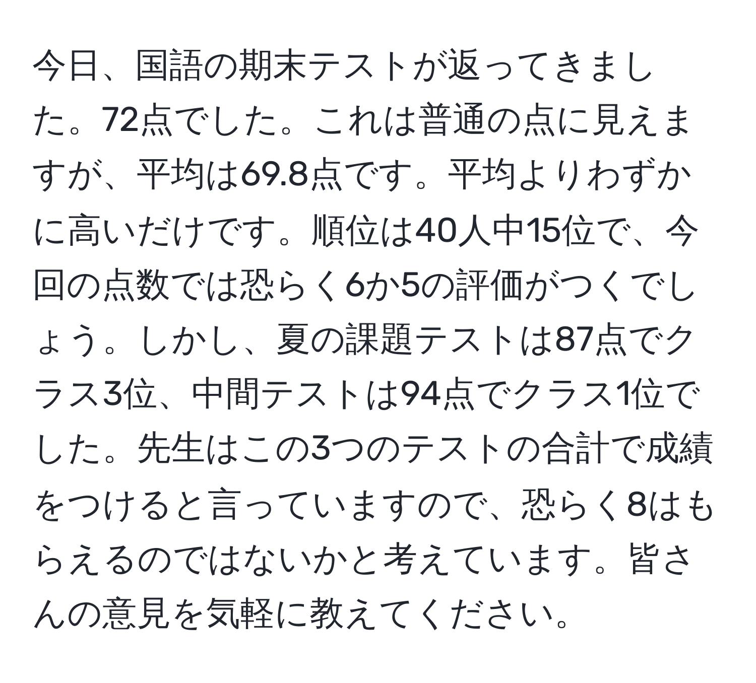 今日、国語の期末テストが返ってきました。72点でした。これは普通の点に見えますが、平均は69.8点です。平均よりわずかに高いだけです。順位は40人中15位で、今回の点数では恐らく6か5の評価がつくでしょう。しかし、夏の課題テストは87点でクラス3位、中間テストは94点でクラス1位でした。先生はこの3つのテストの合計で成績をつけると言っていますので、恐らく8はもらえるのではないかと考えています。皆さんの意見を気軽に教えてください。