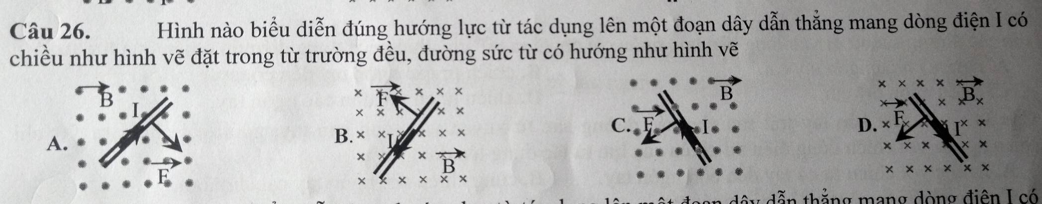 Hình nào biểu diễn đúng hướng lực từ tác dụng lên một đoạn dây dẫn thẳng mang dòng điện I có
chiều như hình vẽ đặt trong từ trường đều, đường sức từ có hướng như hình vẽ
x * * *
B
x* x*
* x^Bx
* *
x*
C.
D.
A.
B. * × x* x
I^(*)^* 
* * * * *
×
B
* * * * * *
× * * * *
dộy dẫn thẳng mang dòng điện I có