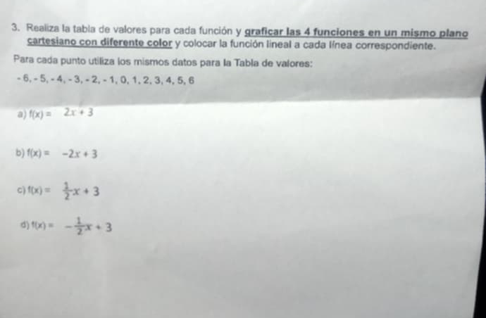 Realiza la tabla de valores para cada función y graficar las 4 funciones en un mismo plano 
cartesiano con diferente color y colocar la función lineal a cada línea correspondiente. 
Para cada punto utiliza los mismos datos para la Tabla de valores:
- 6, - 5, - 4, - 3, - 2, - 1, 0, 1, 2, 3, 4, 5, 6
a) f(x)=2x+3
b) f(x)=-2x+3
c) f(x)= 1/2 x+3
d) f(x)=- 1/2 x+3