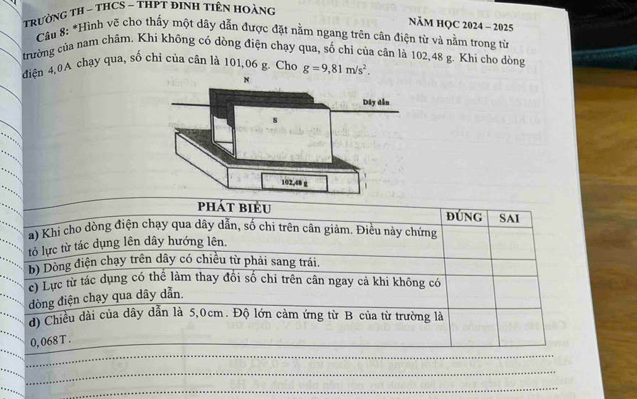 TRưỜNG TH - THCS - THPT ĐINH TIÊN HOẢNG 
NăM HQC 2024 - 2025 
_ 
Câu 8: *Hình vẽ cho thấy một dây dẫn được đặt nằm ngang trên cân điện từ và nằm trong từ 
trường của nam châm. Khi không có dòng điện chạy qua, số chỉ của cân là 102,48 g. Khi cho dòng 
điện 4,0A chạy qua, số chỉ của cân là 101,06 g. Cho g=9,81m/s^2. 
_ 
_ 
_ 
_ 
_ 
phát biểu ĐúNG 
a) Khi cho dòng điện chạy qua dây dẫn, số chi trên cân giảm. Điều này chứng SAI 
tỏ lực từ tác dụng lên dây hướng lên. 
b) Dòng điện chạy trên dây có chiều từ phái sang trái 
c) Lực từ tác dụng có thể làm thay đổi số chi trên cân ngay cả khi không có 
dòng điện chạy qua dây dẫn. 
d) Chiều dài của dây dẫn là 5,0cm. Độ lớn cảm ứng từ B của từ trường là 
_ 
_
0, 068 T . 
_ 
_ 
_