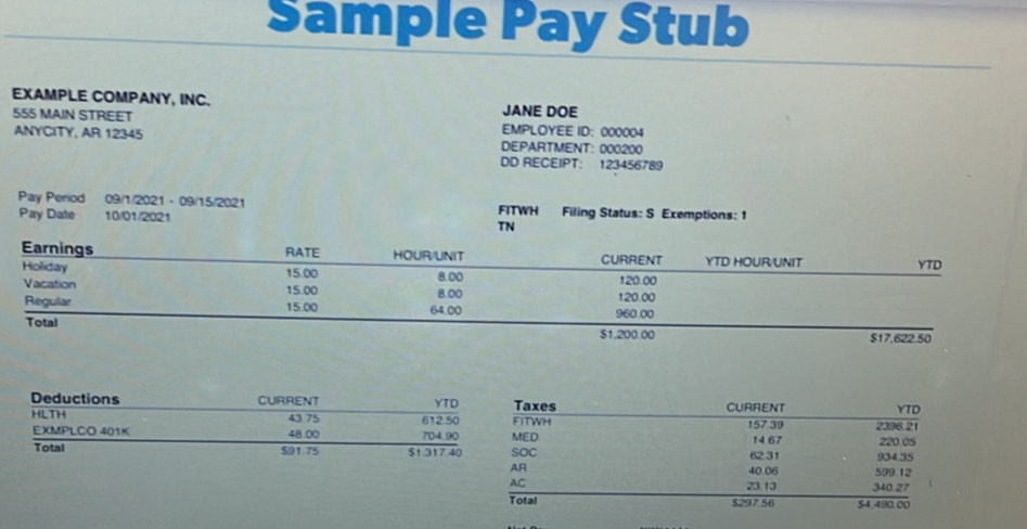 Solved: Sample Pay Stub EXAMPLE COMPANY, INC. JANE DOE 555 MAIN STREET ...