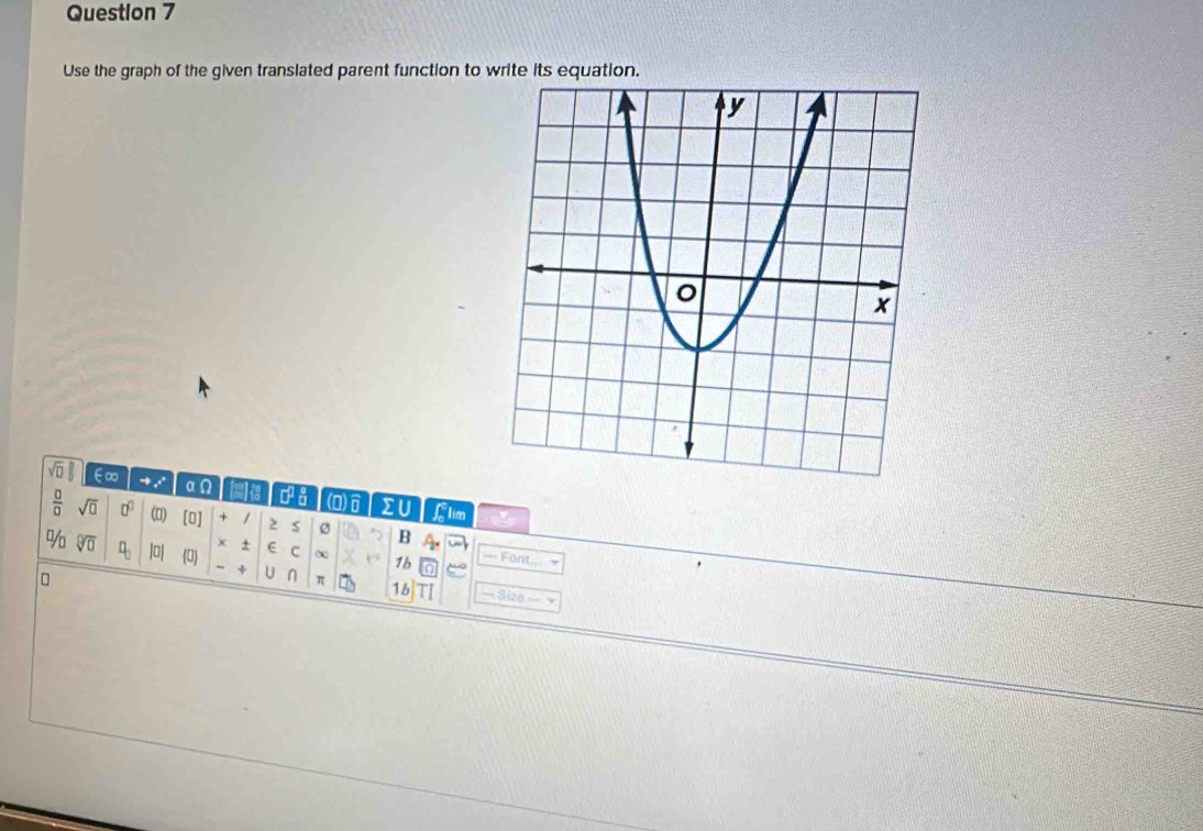 Use the graph of the given translated parent function to write its equation.
sqrt(□ ) ∈∞ to _·  _nOmega a ca (D) 
IU flim
 □ /□   sqrt(0) □^(□) (0) [0] + 2 s B — Font .
/0/_□  sqrt[□](□ ) q_0 |0 (□ 
× ± E C ∞ 1b 
+ U n π 16 TI == Size =