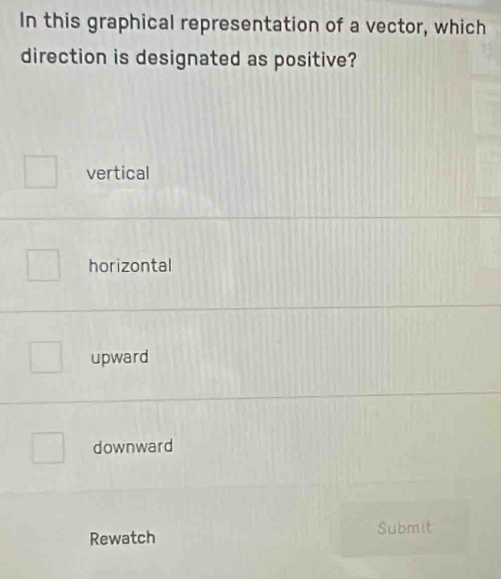 In this graphical representation of a vector, which
direction is designated as positive?
vertical
horizontal
upward
downward
Rewatch Submit