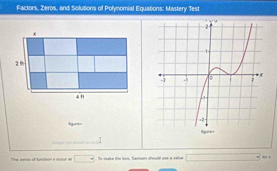 Factors, Zeros, and Solutions of Polynomial Equations: Mastery Test 

figure= 
The zeros of function v occur at □. To make the box, Samson should use a value □ for x