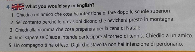 a What you would say in English? 
1 Chiedi a un amico che cosa ha intenzione di fare dopo le scuole superiori. 
2 Sei contento perché le previsioni dicono che nevicherà presto in montagna. 
3 Chiedi alla mamma che cosa preparerà per la cena di Natale. 
4 Vuoi sapere se Claude intende partecipare al torneo di tennis. Chiedilo a un amico. 
5 Un compagno ti ha offeso. Digli che stavolta non hai intenzione di perdonarlo.