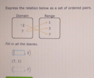 Express the relation below as a set of ordered pairs. 
Fill in all the blanks.
(□ ,3)
(7,1)
(□ ,7)