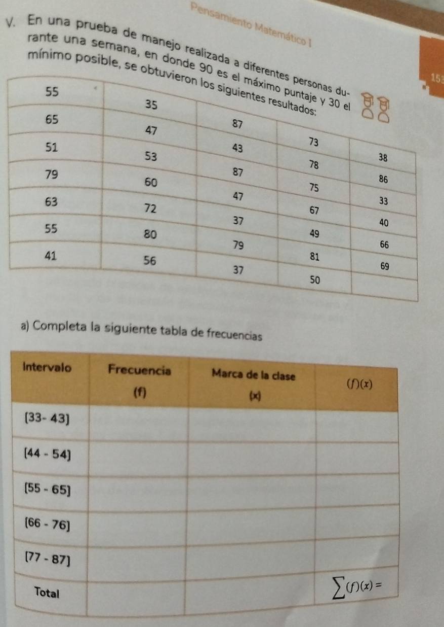 Pensamiento Matemático 
V En una prueba de manejo realizada a d
rante una semana, en donde 
153
mínimo posible, s
a) Completa la siguiente tabla de frecuencias